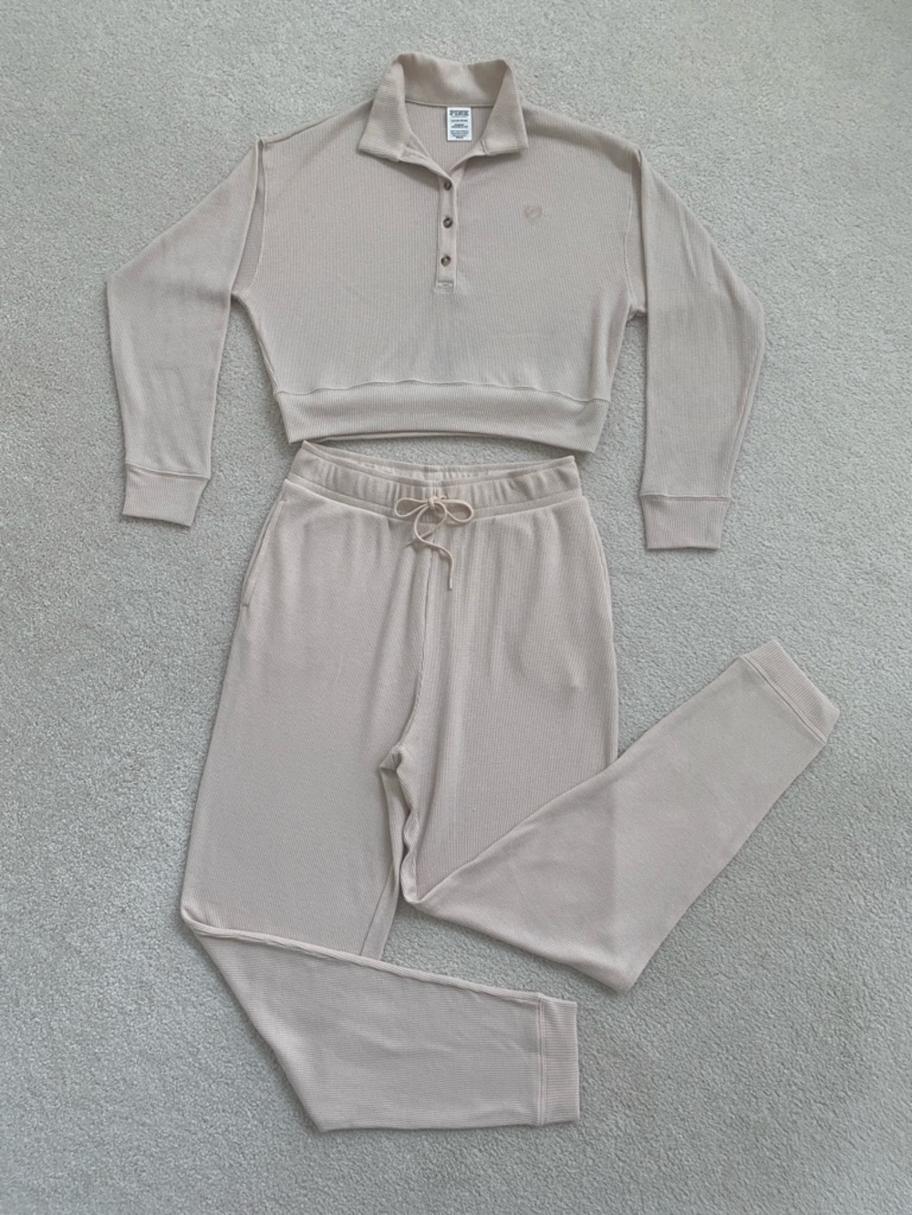PINK Victoria's Secret Waffle Knit Cropped Henley & Jogger Set in Light Taupe